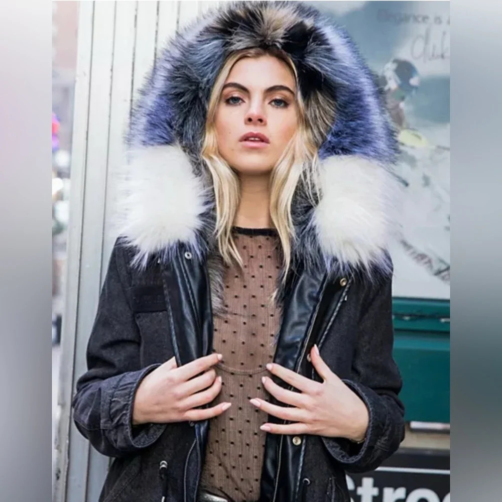 Avec Les Filles Faux Fur Trim Denim Parka - Picture 2 of 10